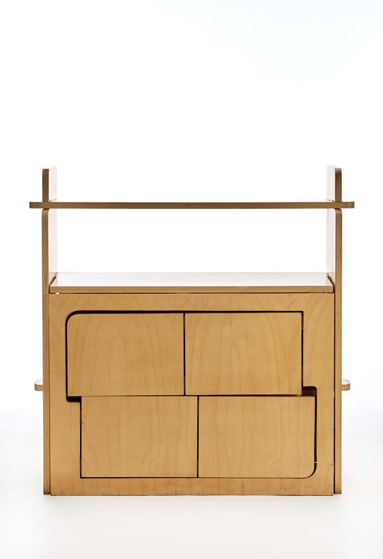 Anonima Design Credenza of the series "Aggregabili".: Anonima Design Credenza of the series "Aggregabili". Produced by Bonetto, 1970ca. Birch plywood. (115x116x48 cm.) (defects) IT Credenza della serie "Aggregabili". Produzione Bonetto, 1970ca. Compensat