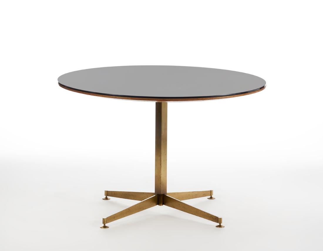Dining table with circular top in teak veneered wood (1 of 1)