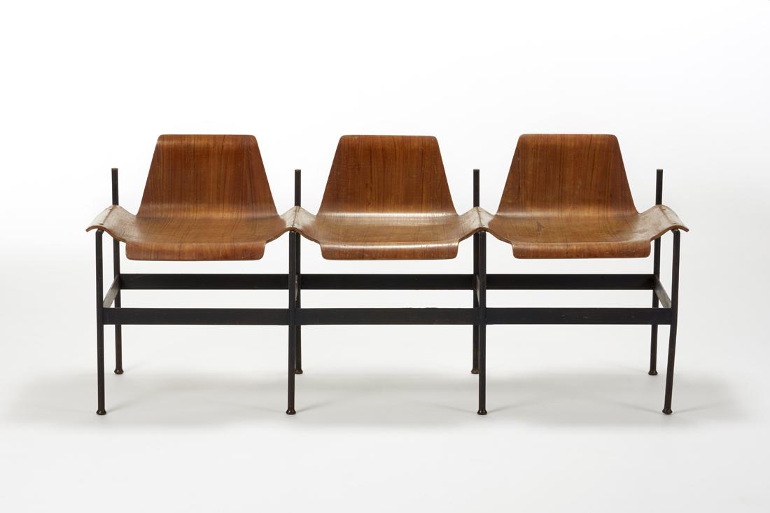 Eugenia Alberti Reggio e Rinaldo Scaioli Three-seater: Eugenia Alberti Reggio e Rinaldo Scaioli Three-seater bench. Produced by Consorzio Esposizione Mobili, Cantu, 1959. Doors in curved and veneered plywood, structure in black painted metal, hangers in b