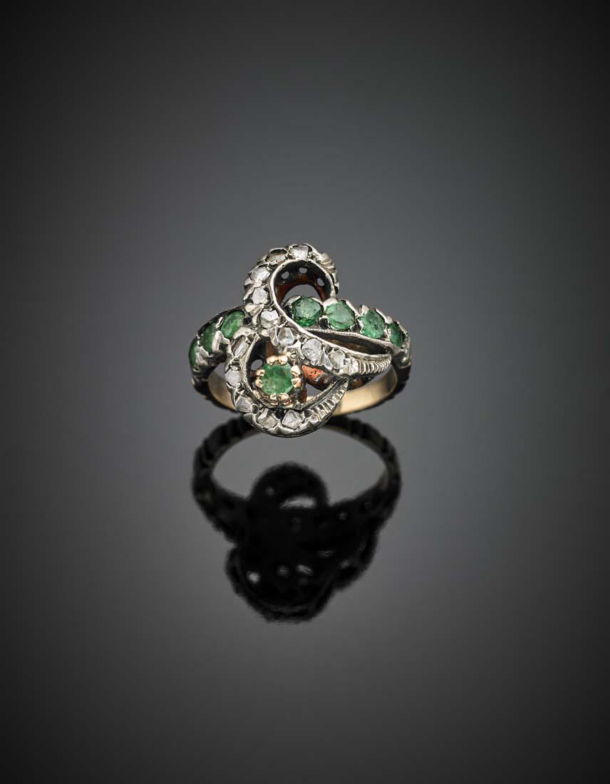 Rose cut diamond and emerald silver and 9K gold ring, g (1 of 1)