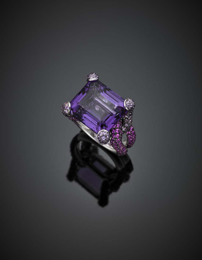 Rectangular ct. 17.50 circa amethyst white gold ring, (1 of 1)