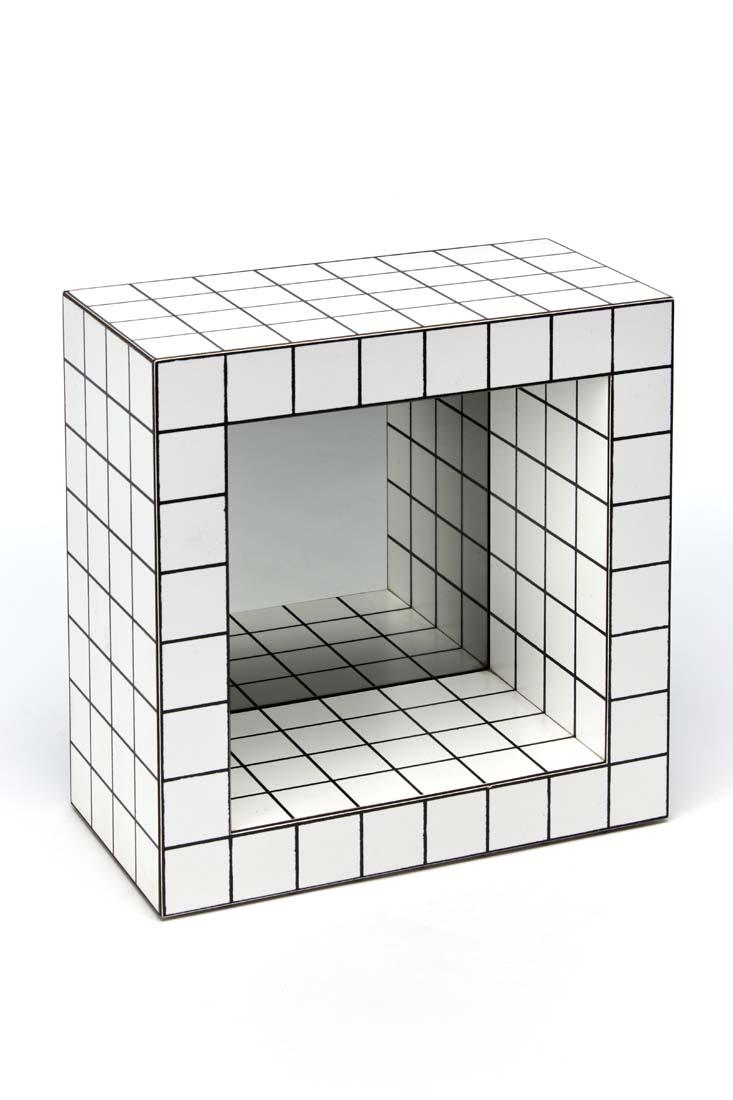 Superstudio "Specchio misuratore" Multiple in: Superstudio "Specchio misuratore" Multiple in silk-screened Print laminate with mirror. Produced by Plura Edizioni, 1976. Numbered 75/500 and signed with original label. (24x24x12 cm.) (slight defects