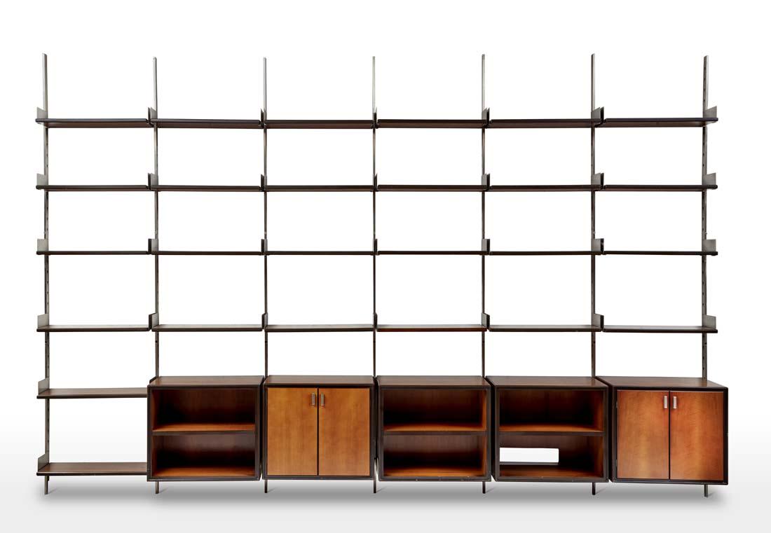 Gianni Moscatelli (1930) * Modular bookcase with six: Gianni Moscatelli (1930) * Modular bookcase with six spans with brushed steel structure, shelves and jambs in edged and veneered wood. Produced by Formanova, Meda, 1970s. (435.5x288x47 cm.) (slight de