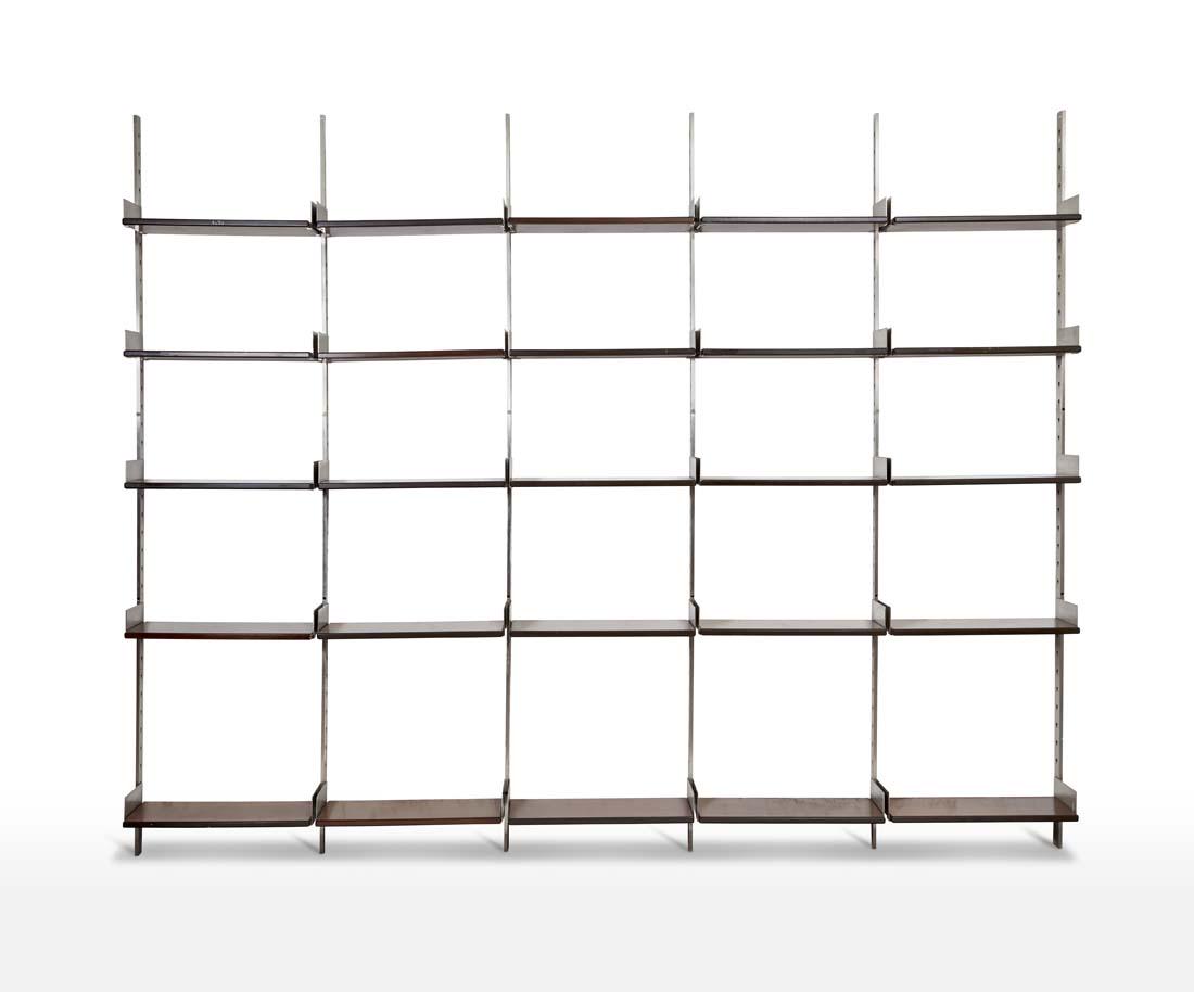 Gianni Moscatelli (1930) * Modular five-span bookcase: Gianni Moscatelli (1930) * Modular five-span bookcase with brushed steel structure, shelves in edged and veneered wood. Produced by Formanova, Meda, 1970s. (364x288x29.5 cm.) (slight defects) IT * Lib