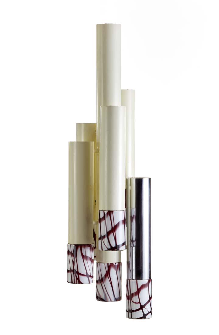 Angelo Brotto (Venezia 1914 - Campiglia Marittima 2002): Angelo Brotto (Venezia 1914 - Campiglia Marittima 2002) Six lights suspension lamp. Produced by Esperia, Poggibonsi, 1970s. Cylinders in chromed and white painted steel, terminals in lattimo incamicia