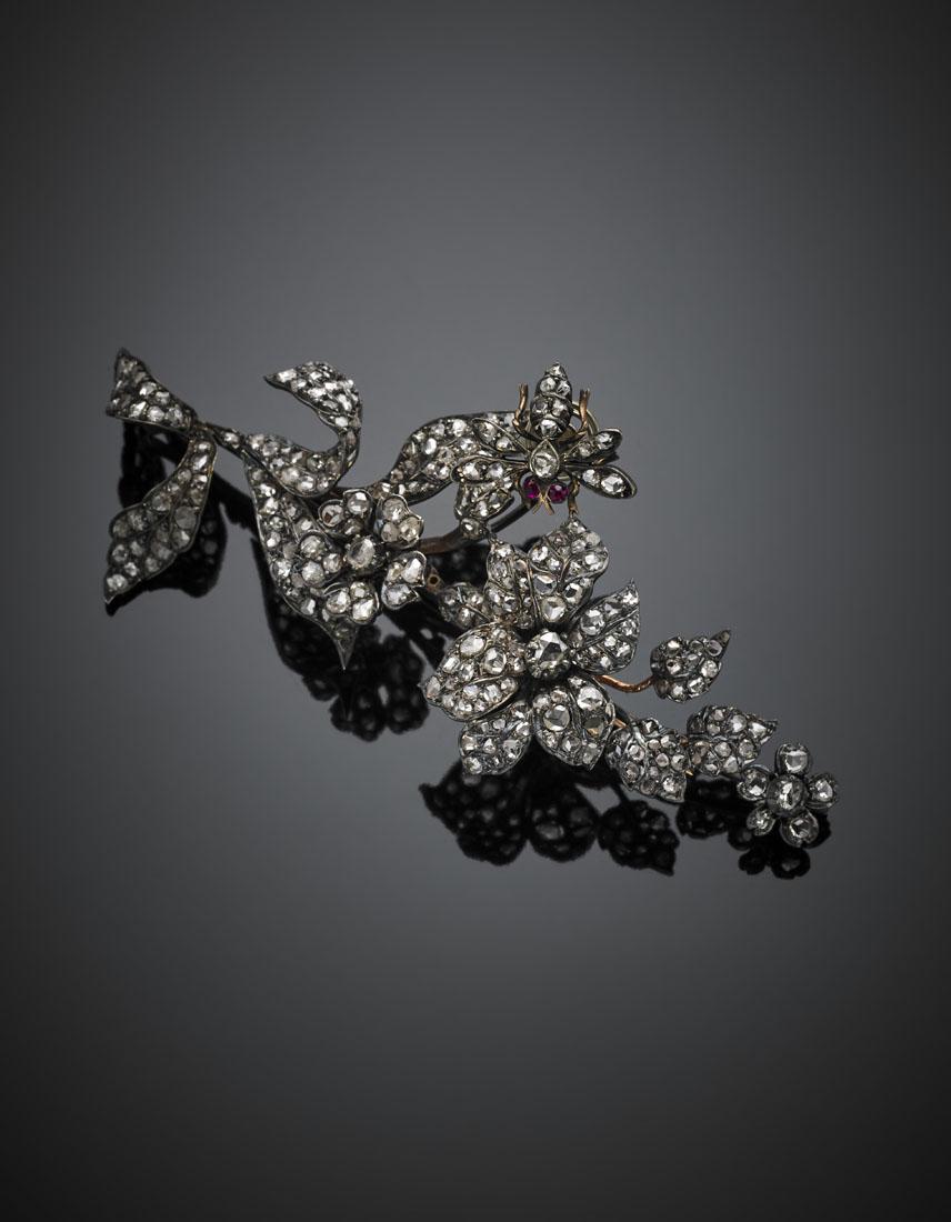 Rose cut diamond silver and gold floral brooch with a (1 of 1)