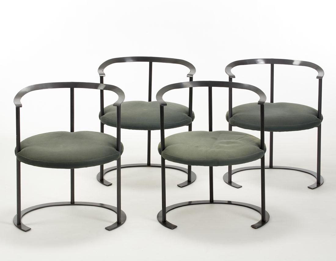 Luigi Caccia Dominioni (Milano 1913 - Milano 2016) Four: Luigi Caccia Dominioni (Milano 1913 - Milano 2016) Four armchairs model "P4 Catilina piccola". Produced by Azucena, Milan, drawing from 1962, examples from the 1970sGray painted steel structure, padde