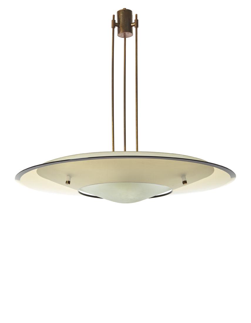 Max Ingrand (Bressuire 1908 - Parigi 1969) Suspension: Max Ingrand (Bressuire 1908 - Parigi 1969) Suspension lamp model "2097". Produced by Fontana Arte, Milan, 1954ca. Amber crystal cup, internal glass cup with satin white diffuser, brass frame. (h 72 cm