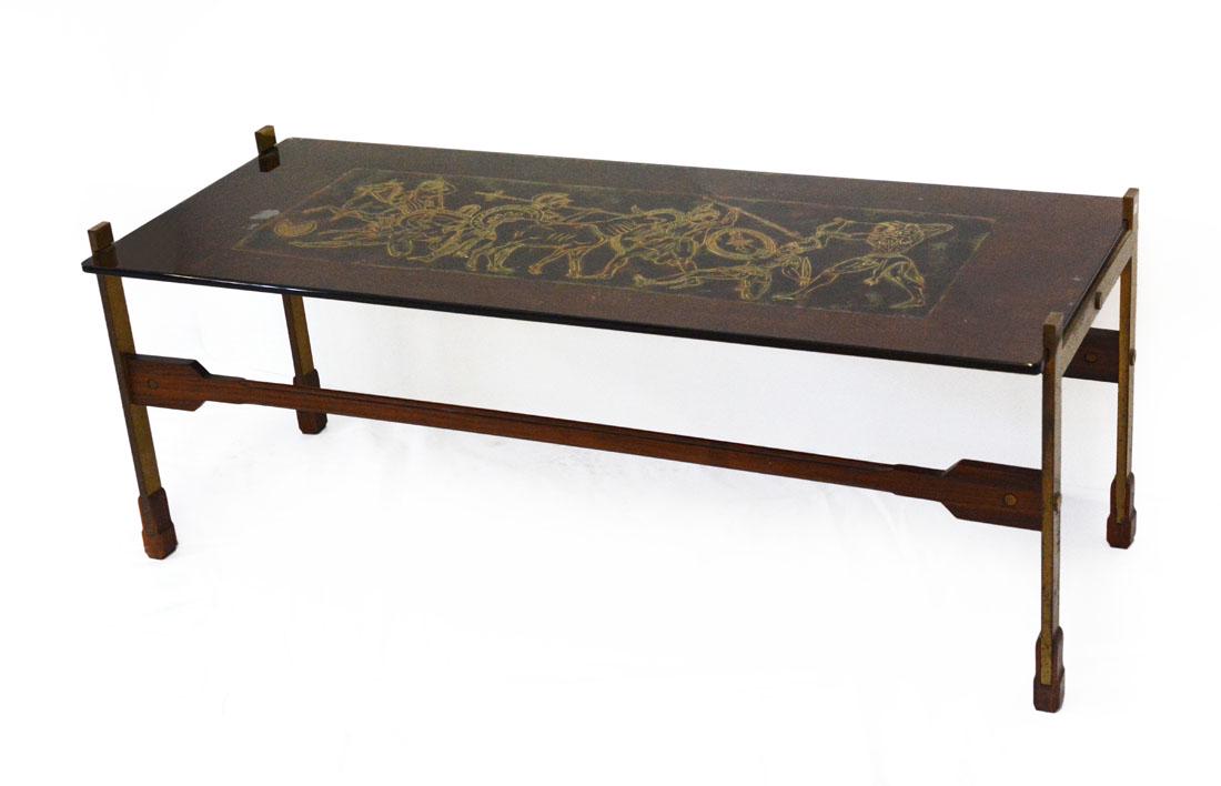 Santambrogio e De Berti Coffee table with solid wood: Santambrogio e De Berti Coffee table with solid wood and brass structure, back painted glass top depicting battle. Liss, 1960s. (112x43.5x45 cm.) (slight defects) IT Tavolino da salotto con struttura