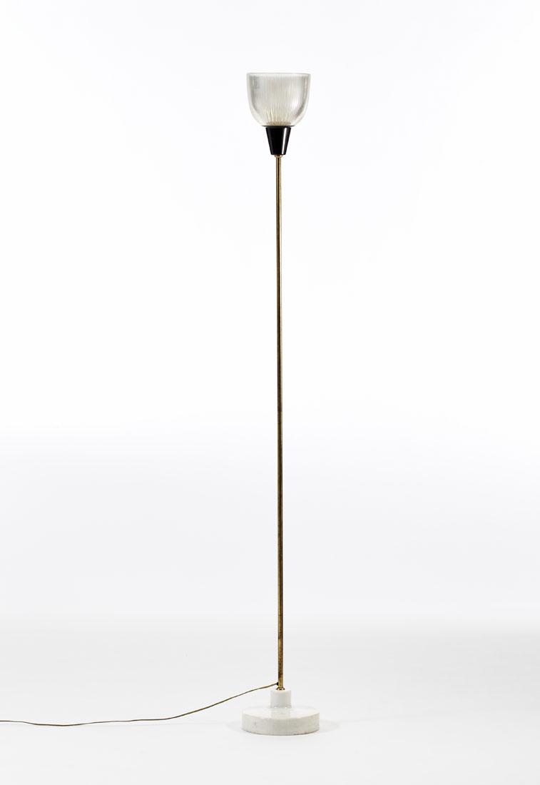 Ignazio Gardella (Milano 1905 - Oleggio 1999) Floor: Ignazio Gardella (Milano 1905 - Oleggio 1999) Floor lamp model "LTE6 Coppa Vetro Aperta". Produced by Azucena, Milan, 1954ca. Base in white marble, stem in brass, diffuser in molded glass. (h 166.5 cm