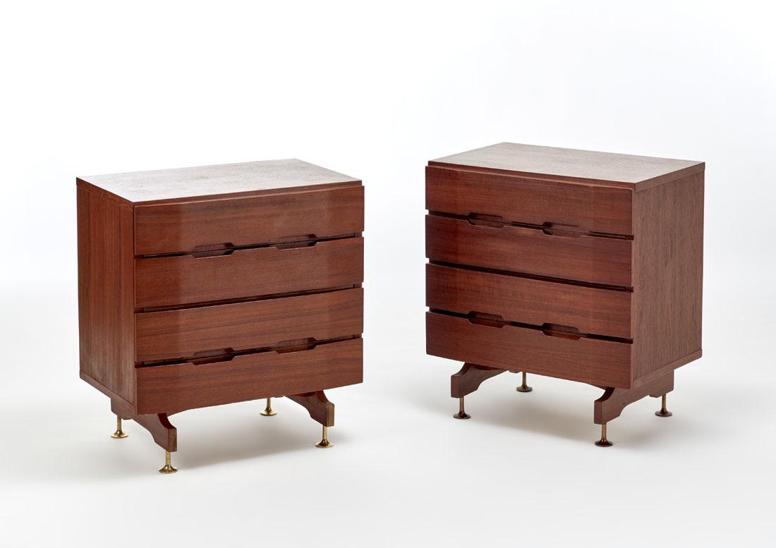 Giuseppe Brusadelli Pair of chest of drawers with four: Giuseppe Brusadelli Pair of chest of drawers with four drawers. Produced by Gbl, Lecco, 1959ca. Edged and veneered teak wood, feet in turned brass. (66x73x43 cm.) (slight defects) Literature "Rivista 