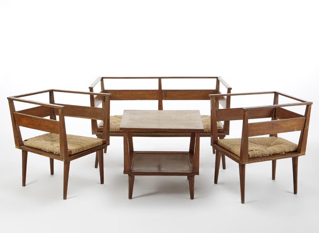 Living room composed of a two-seater sofa, two: Living room composed of a two-seater sofa, two armchairs and a square-shaped coffee table in solid wood and veneer with rope seat. Italy, 1930s/1940s. (sofa 119x70x54 cm; armchairs cm 59.5x70x54; coff