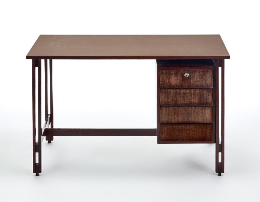Ico Parisi (Palermo 1916 - Como 1996) Writing desk with: Ico Parisi (Palermo 1916 - Como 1996) Writing desk with paired legs, chest of drawers with four drawers. Execution by Brugnoli Mobili, Cantu, 1962ca. Teak wood, laminate top. (124x75.5x74.5 cm.) Accom