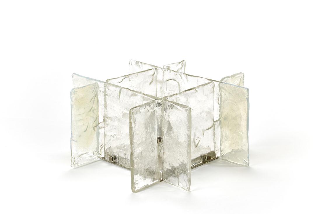 Carlo Nason (Murano 1935) (Attributed) Ceiling lamp in: Carlo Nason (Murano 1935) (Attributed) Ceiling lamp in corrugated and partially iridescent colorless transparent glass. Produced by Mazzega, Murano, 1970s. (40x21.5x40 cm.) IT (Attribuito) Lampada da 