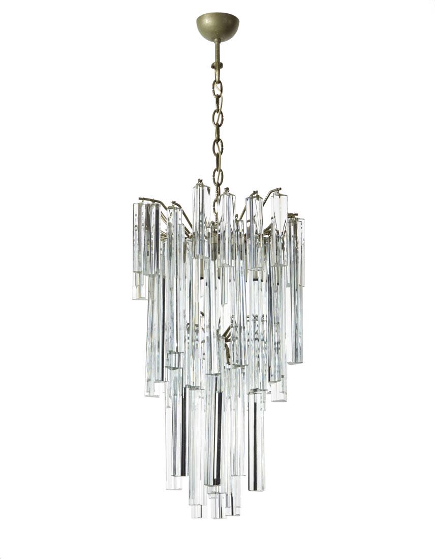 Venini Suspension lamp model "Trilobo". Murano, 1960s.: Venini Suspension lamp model "Trilobo". Murano, 1960s. Structure in nickel-plated metal, pendants in transparent colorless trilobate glass. (h 87 cm.; d 33 cm.) (losses) IT Lampada a sospensione model