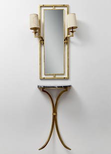 Robert Thibier (1926 - 2001) (Attributed) * Console: Robert Thibier (1926 - 2001) (Attributed) * Console with mirror and two appliques. France, 1950s. Iron with gold leaf application, gray veined marble top and beige fabric lampshades. Signature engrave