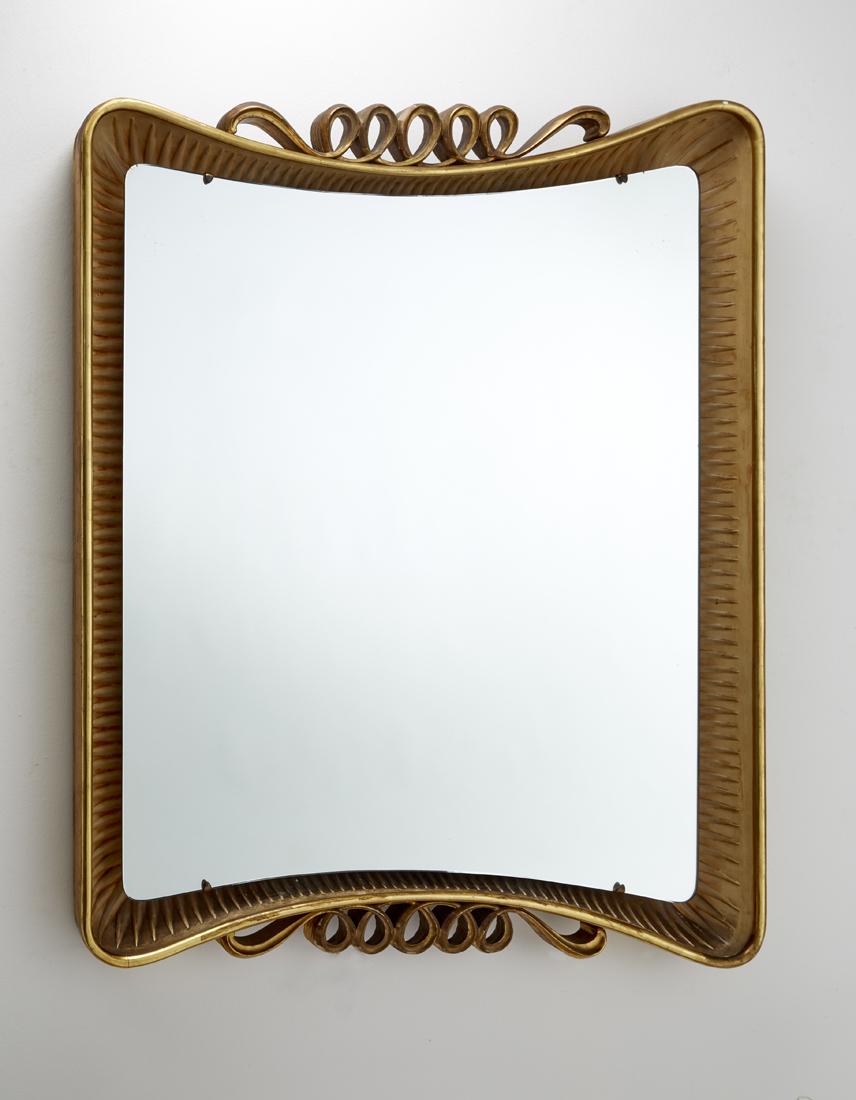 Osvaldo Borsani (Varedo 1911 - Milano 1985) Mirror.: Osvaldo Borsani (Varedo 1911 - Milano 1985) Mirror. Execution by Atelier Borsani, Varedo, 1940ca. Glass with wooden frame decorated with gold leaf and plaster finish. (97x120 cm.) (slight defects and