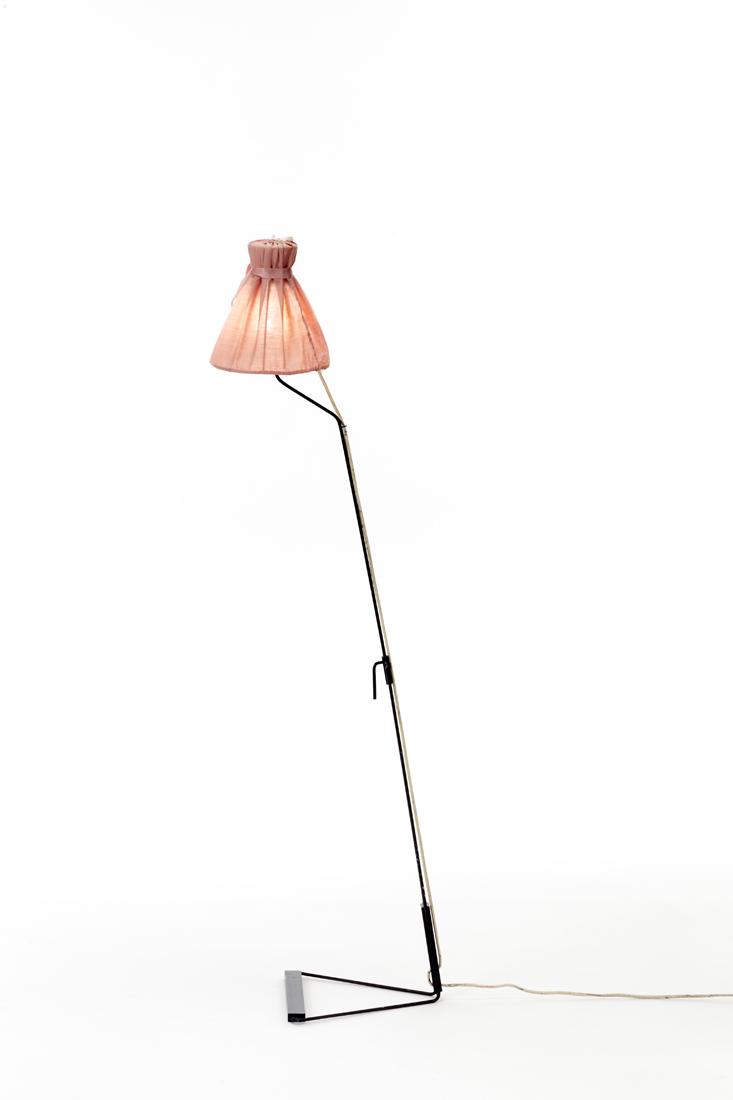 Stilnovo Floor lamp with structure in black painted: Stilnovo Floor lamp with structure in black painted metal rod, similar to model 8029, shade in pink fabric, similar to model 8024. Milan, 1960s. (h 133 cm.) (slight defects) Literature T. Brauniger, S