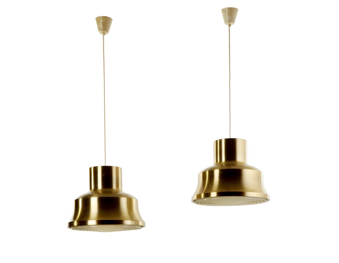 Pair of suspension lamps with diffuser element in opal: Pair of suspension lamps with diffuser element in opal methacrylate lamellas and brass-plated aluminum structure. Probably Danish production. 1970s/1980s. (h 32 cm.; d 40 cm.) (slight defects) IT Copp