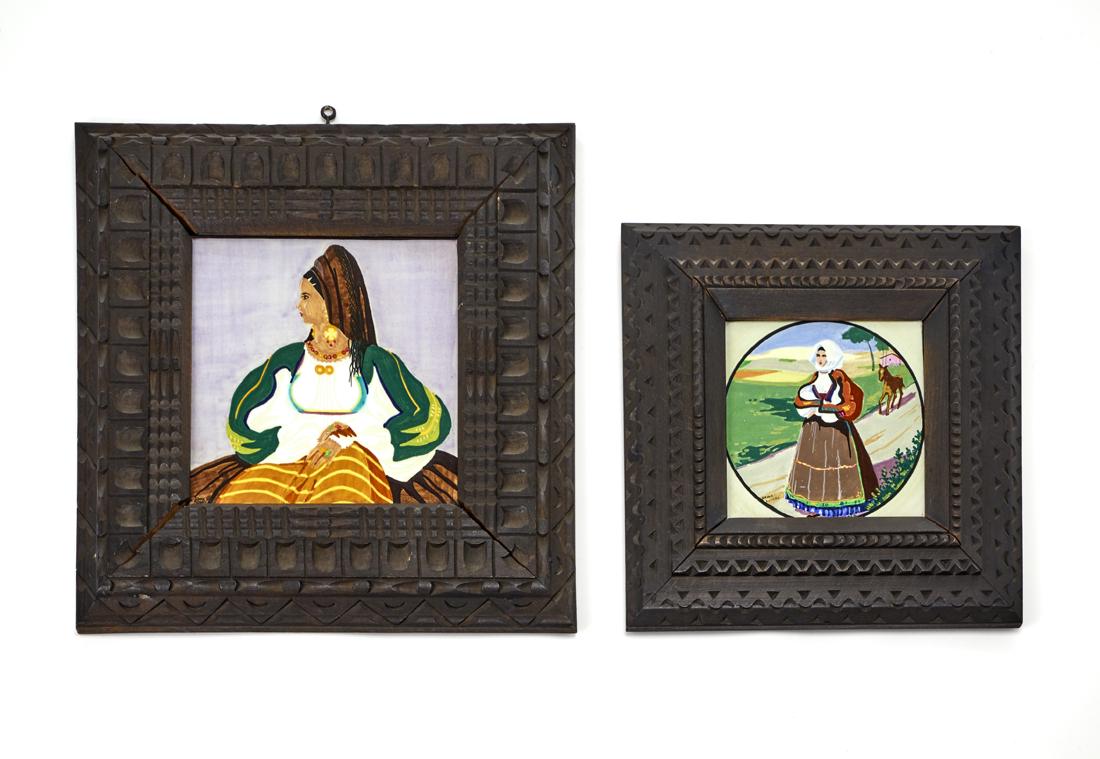 Edina Altara (Sassari 1898 - Lanusei 1983) Lot of two: Edina Altara (Sassari 1898 - Lanusei 1983) Lot of two tiles decorated with women in traditional Sardinian clothes. Manufacture of F. Margelli, Sassari, 1920s/1930s. Under glass ceramic, original frame