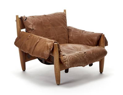 Sergio Rodriguez (Rio de Janeiro 1927 - Rio de Janeiro: Sergio Rodriguez (Rio de Janeiro 1927 - Rio de Janeiro 2014) Armchair model "Sheriff". Produced by ISA, Ponte San Pietro, 1961ca. Solid wood and leather. With manufacturer's adhesive label on the back