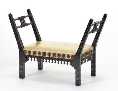 Carlo Bugatti (Milano 1856 - Molsheim 1940) Bench in: Carlo Bugatti (Milano 1856 - Molsheim 1940) Bench in carved and inlaid wood.. Milan, 1895ca. Ebonized wood, geometric inlays in cast brass and gray metal. Column handles covered in embossed copper foi