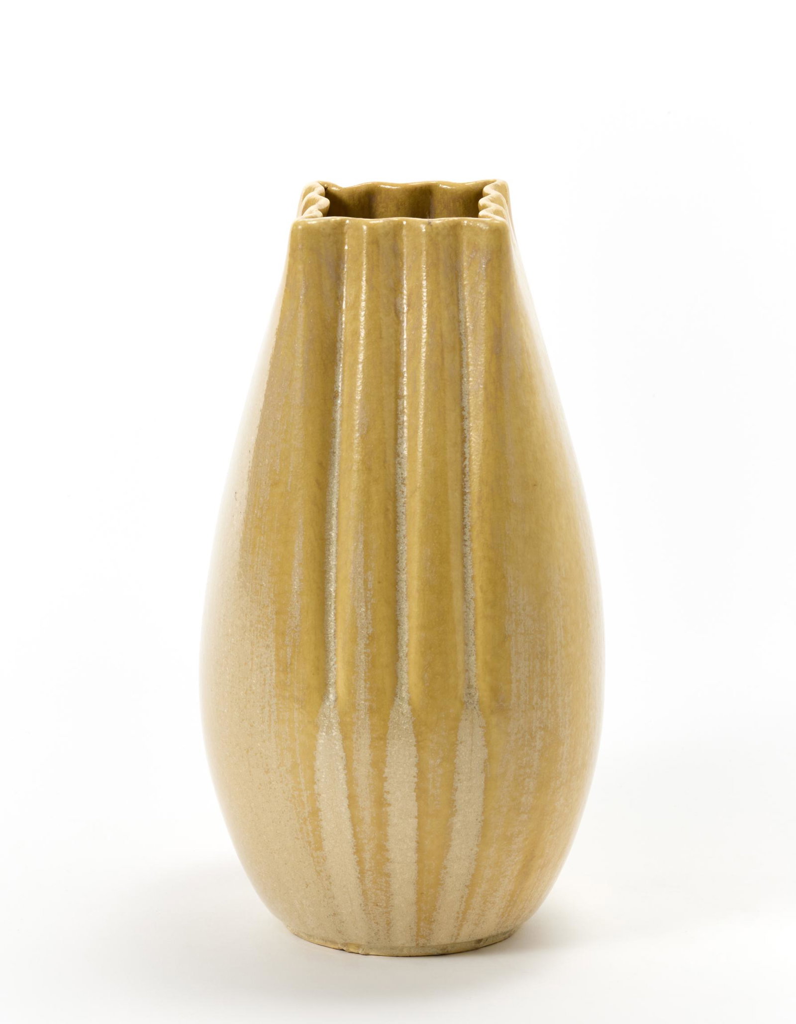 Guido Andlovitz (Trieste 1900 - Grado 1971) Vase model: Guido Andlovitz (Trieste 1900 - Grado 1971) Vase model "5513". Manufacture of Lavenia, Lave, 1930s. "Sgocciolato" yellow glazed cast ceramic. Marked under the base with the graphic symbol of the manuf