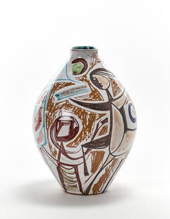 Elio Schiavon (Arzergrande 1925 - Tonadico 2004) White: Elio Schiavon (Arzergrande 1925 - Tonadico 2004) White ceramic vase with black, blue, brown and green decorations. Padua, 1950s. Signed under the base. (h 30 cm.) IT Vaso in ceramica bianca con decori