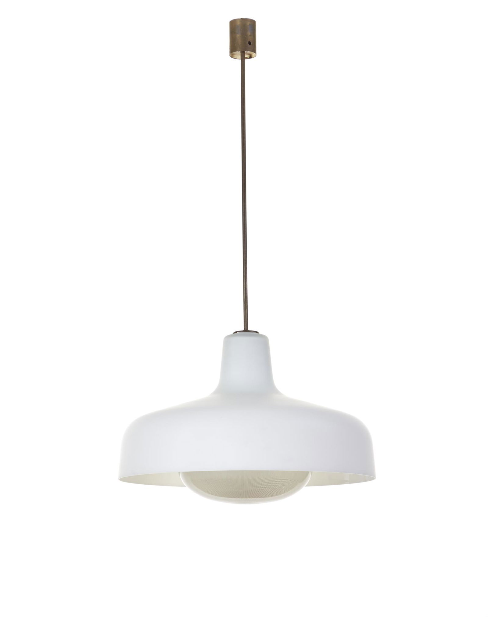 Ignazio Gardella (Milano 1905 - Oleggio 1999): Ignazio Gardella (Milano 1905 - Oleggio 1999) Suspension lamp model "Paolina". Produced by Azucena, Milan, 1958. Brass, plexiglass, incamiciato lattimo glass etched on the external surface, printed gl