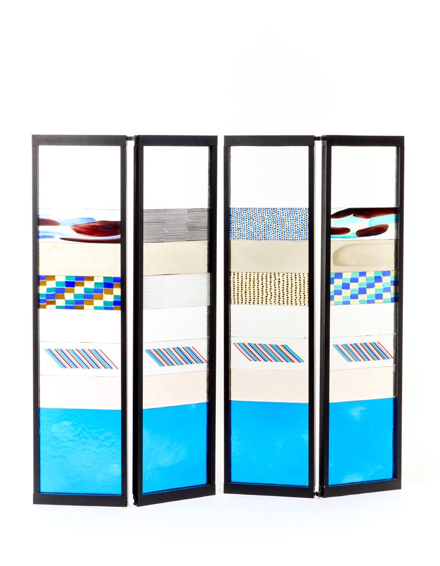 Venini  Screen composed by four panels with metal structure and plates made of ultramarine glass (1 of 5)