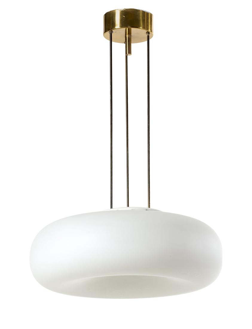 Max Ingrand (Bressuire 1908 - Parigi 1969) Suspension lamp model "2356". Produced by Fontana Arte,: Max Ingrand (Bressuire 1908 - Parigi 1969) Suspension lamp model "2356". Produced by Fontana Arte, Milan, 1964. Brass and white frosted glass. (h 77 cm.; d 50 cm.) Literature Fontana Arte nei migliori