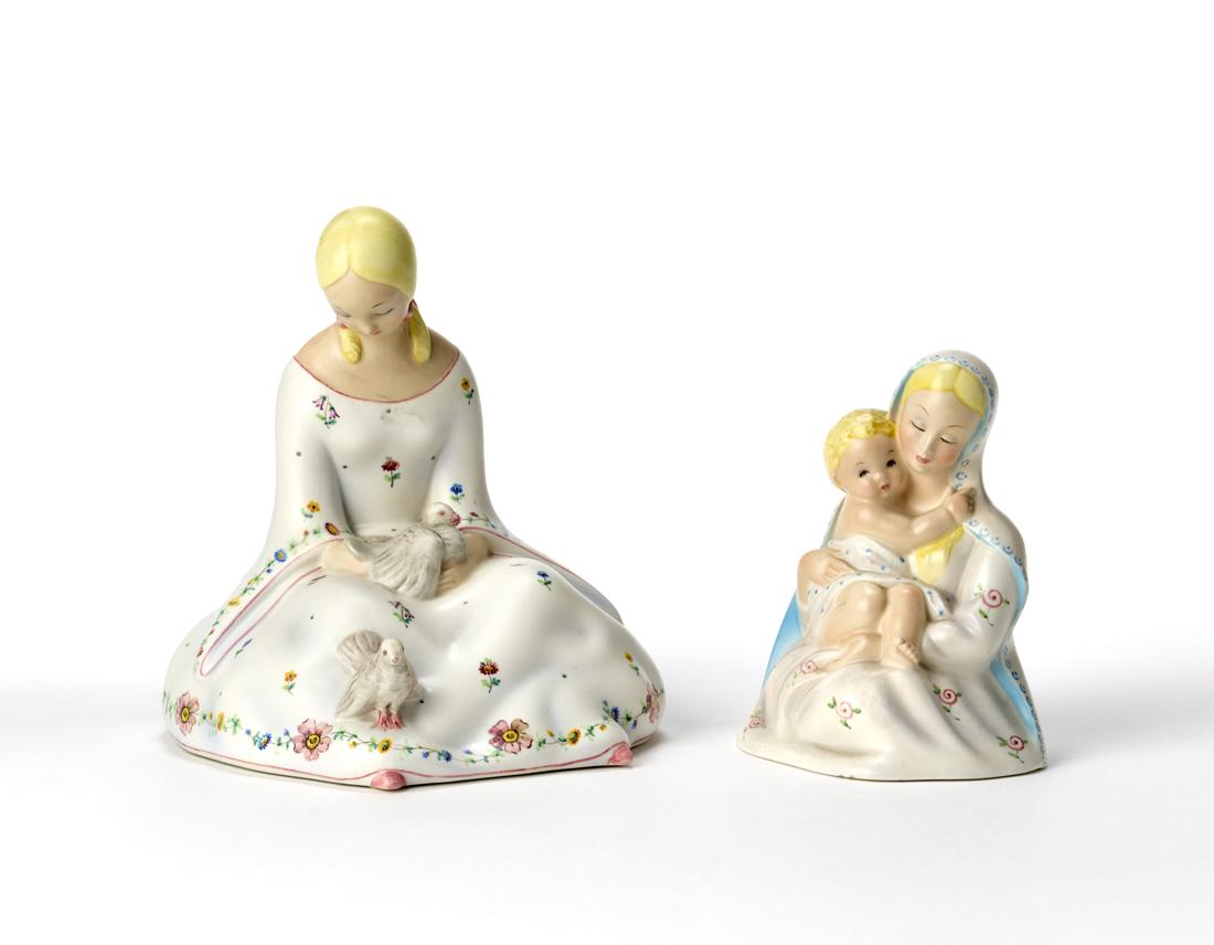 Lenci  Lot consisting of two polychrome opaque cast ceramic sculptures. Turin, 1930s. Signed under (1 of 1)