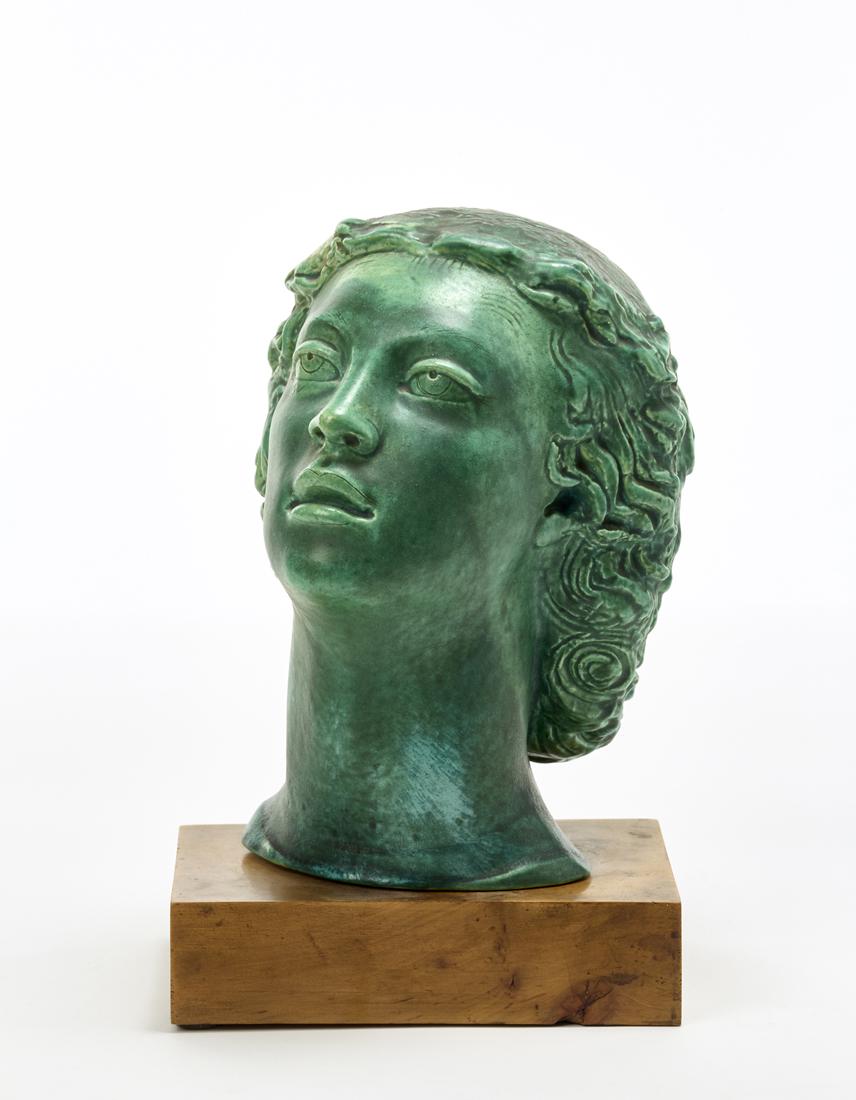 Angelo Biancini (Castel Bolognese 1911 - Castel Bolognese 1988) All-round sculpture depicting a: Angelo Biancini (Castel Bolognese 1911 - Castel Bolognese 1988) All-round sculpture depicting a female face model "151". Manufacture of SocietÃ Ceramica Italiana, Laveno, 1950s. Strong green enamel