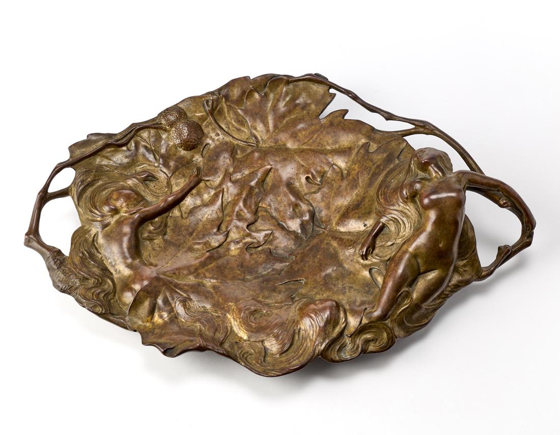 A. Lupiac  Art Nouveau tray in patinated bronze with relief of two female figures and plant motifs. (1 of 1)