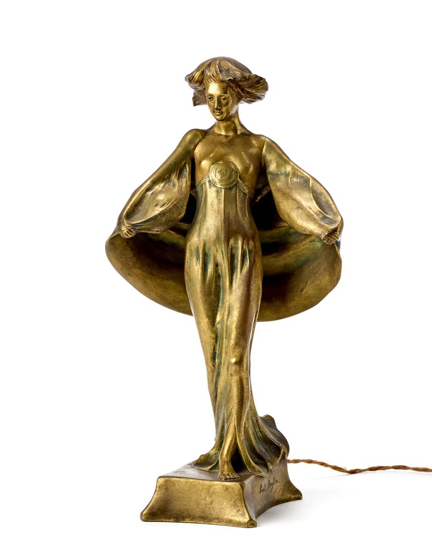 Karl Bergline  Symbolist table lamp depicting a female figure with a large cloak that conceals two (1 of 1)