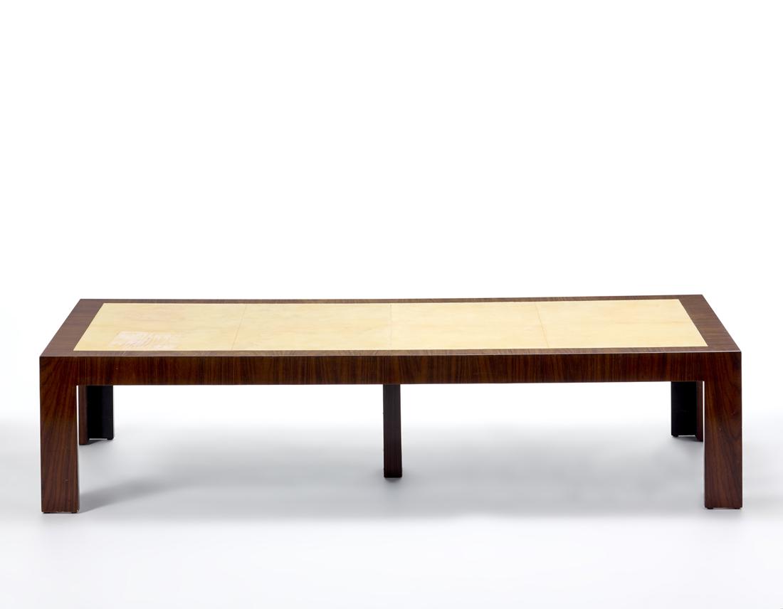 DÃ©co style living room table with veneered wood structure, top covered in parchment. Italy, 20th (1 of 1)