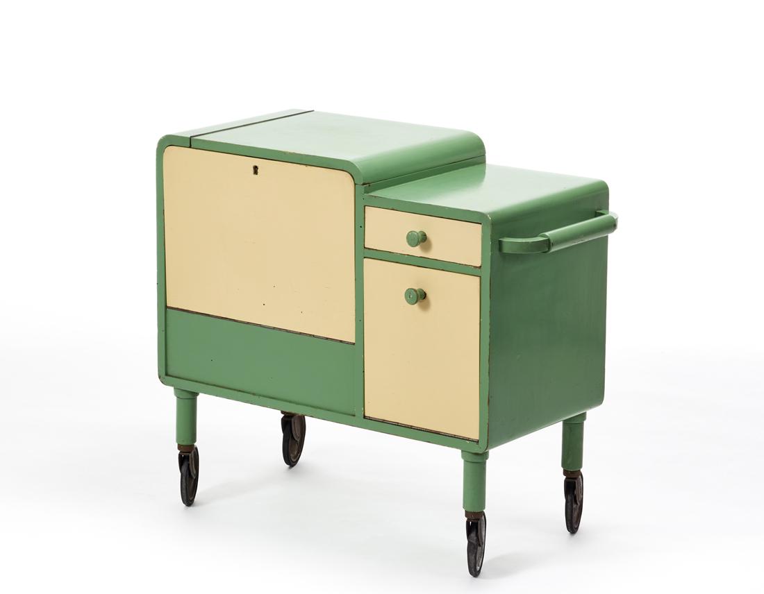 Rationalist bar trolley in white and green painted wood with cabinet, drawer and flap door. Italy, (1 of 2)
