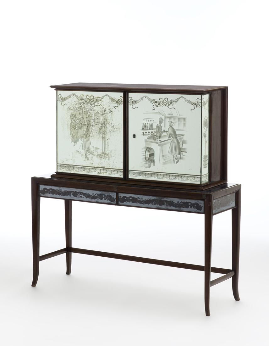 Novecento bar cabinet in solid mahogany wood. Base with two drawers and sides covered in mirrored (1 of 2)