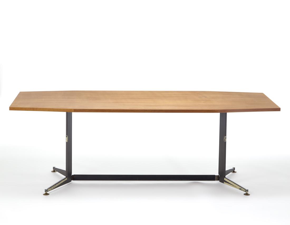 Table with black painted steel base, brass feet, lozenge top in veneered wood. Italy, 1960s. (1 of 1)