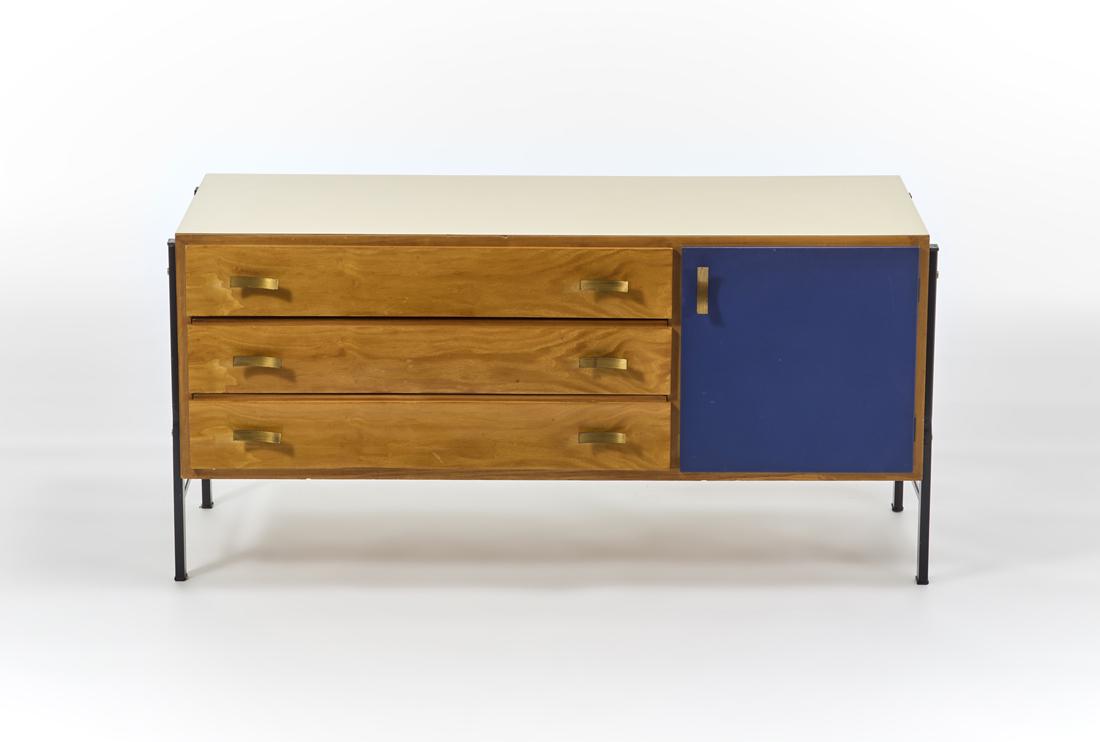 Wooden cabinet with three drawers and door covered in blue synthetic leather, black painted steel (1 of 1)