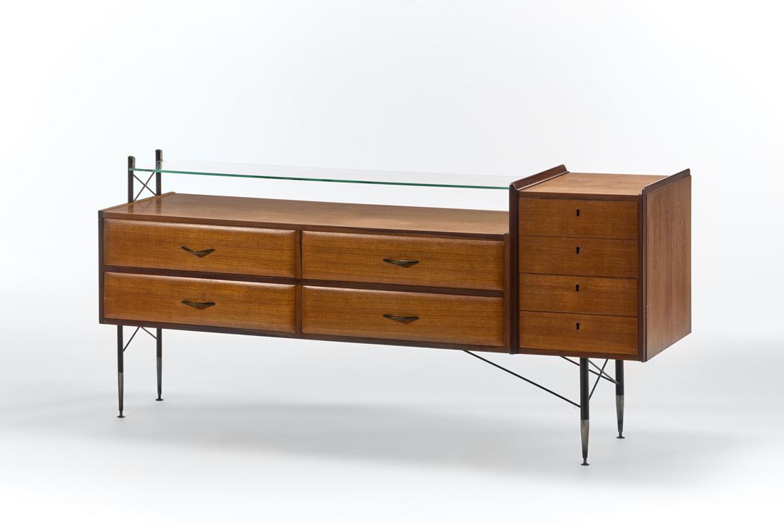 Sideboard in veneered and edged wood with eight drawers and glass top. Black painted metal legs and (1 of 1)
