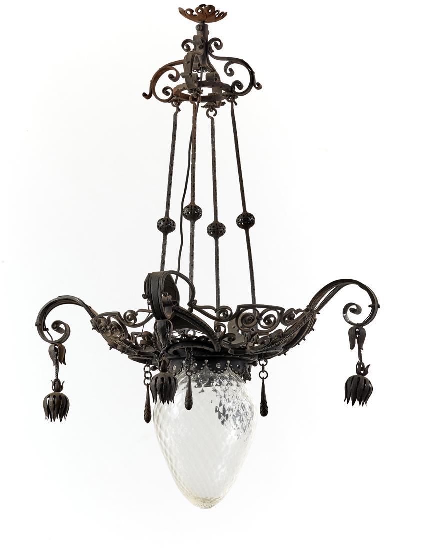 Alessandro Mazzucotelli (Lodi 1865 - Milano 1938) Wrought iron suspension lamp with central cup in (1 of 1)