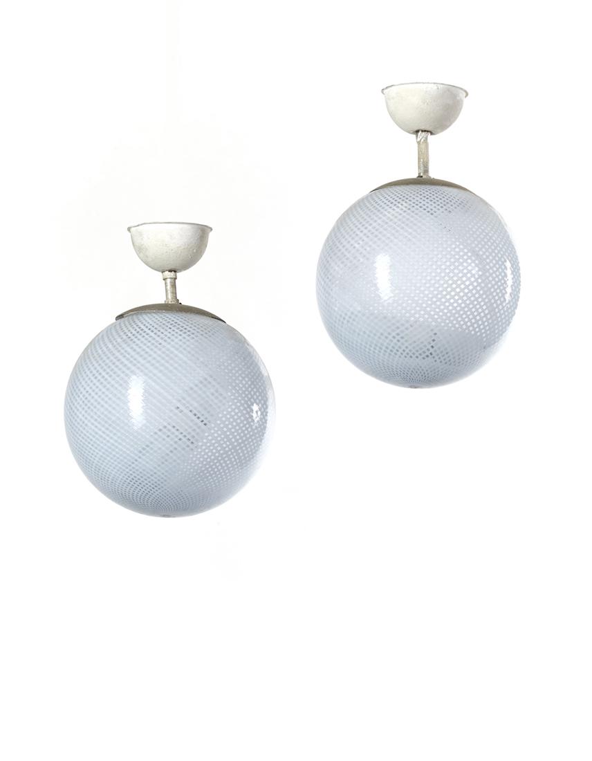 Venini  Pair of suspension lamps with globular diffuser in reticello glass. Murano, 1920s. (1 of 1)