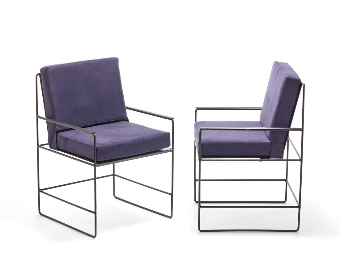 Pair of outdoor armchairs with black painted iron structure and removable cushions covered in blue (1 of 1)