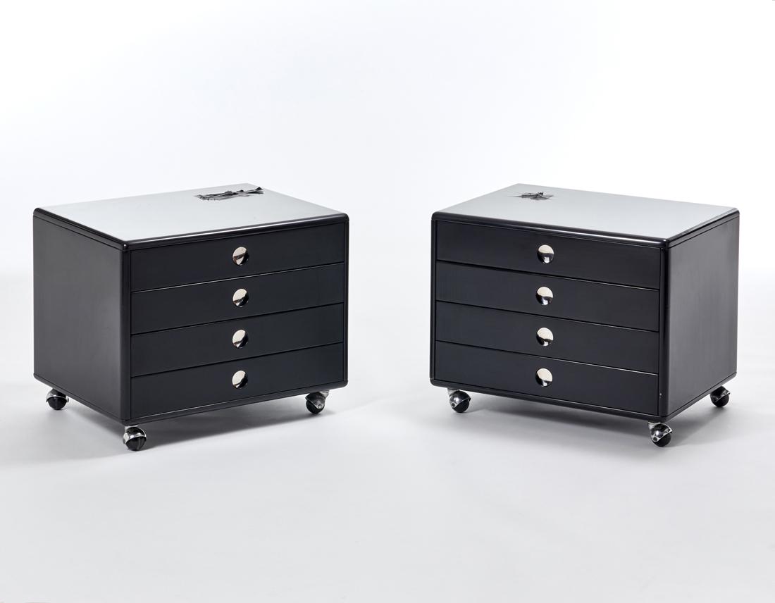 Osvaldo Borsani (1911-1985) con Centro Progetti Tecno Pair of bedside tables model "CA151".: Osvaldo Borsani (1911-1985) con Centro Progetti Tecno Pair of bedside tables model "CA151". Produced by Tecno, Varedo, 1971. Black lacquered wood and aluminum. With manufacturer's adhesive labels insi