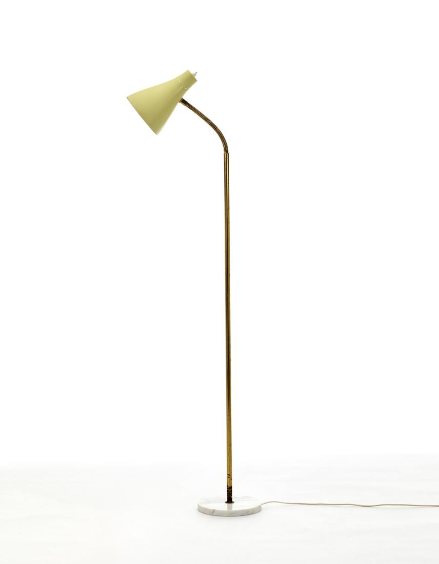 Floor lamp with brass structure, yellow painted metal lampshade, white marble base. Italy, 1950s. (h (1 of 2)