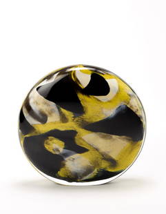 Michele Burato (Venezia 1957) "Ombre in movimento" Large circular vase with a flattened section in: Michele Burato (Venezia 1957) "Ombre in movimento" Large circular vase with a flattened section in colorless, lattimo, black and yellow blown glass. Murano, 2004. Signed, dated and titled under the ba