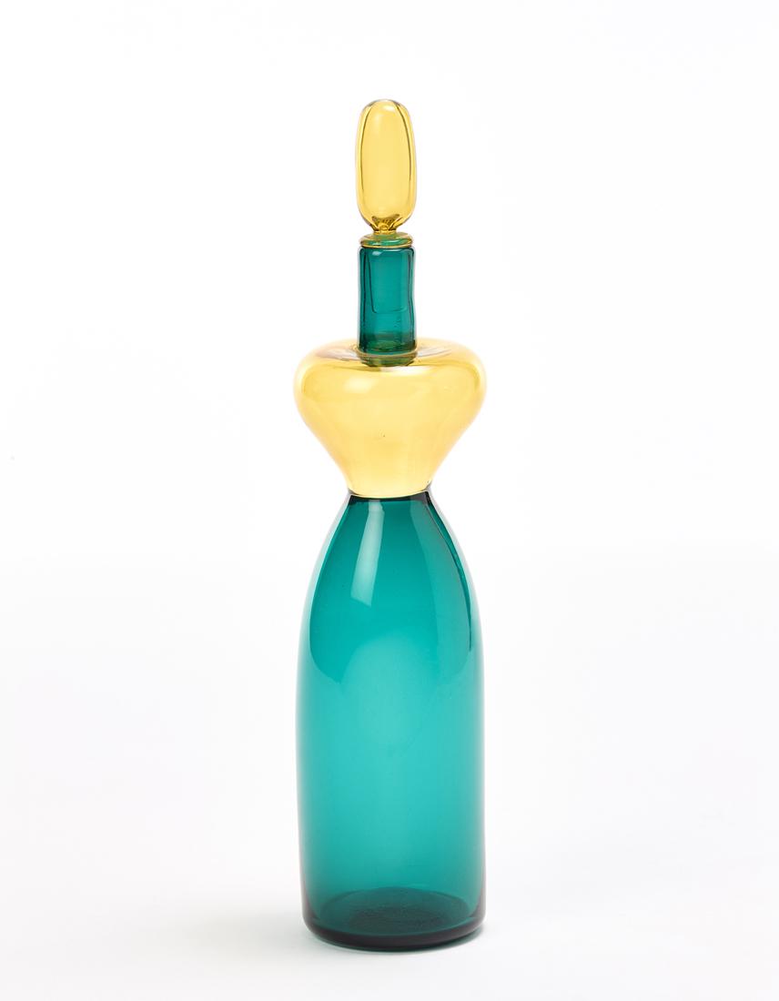 Venini  Bottle with cap of the series "Gio Ponti ". Murano, 1982. Transparent green and amber yellow (1 of 1)