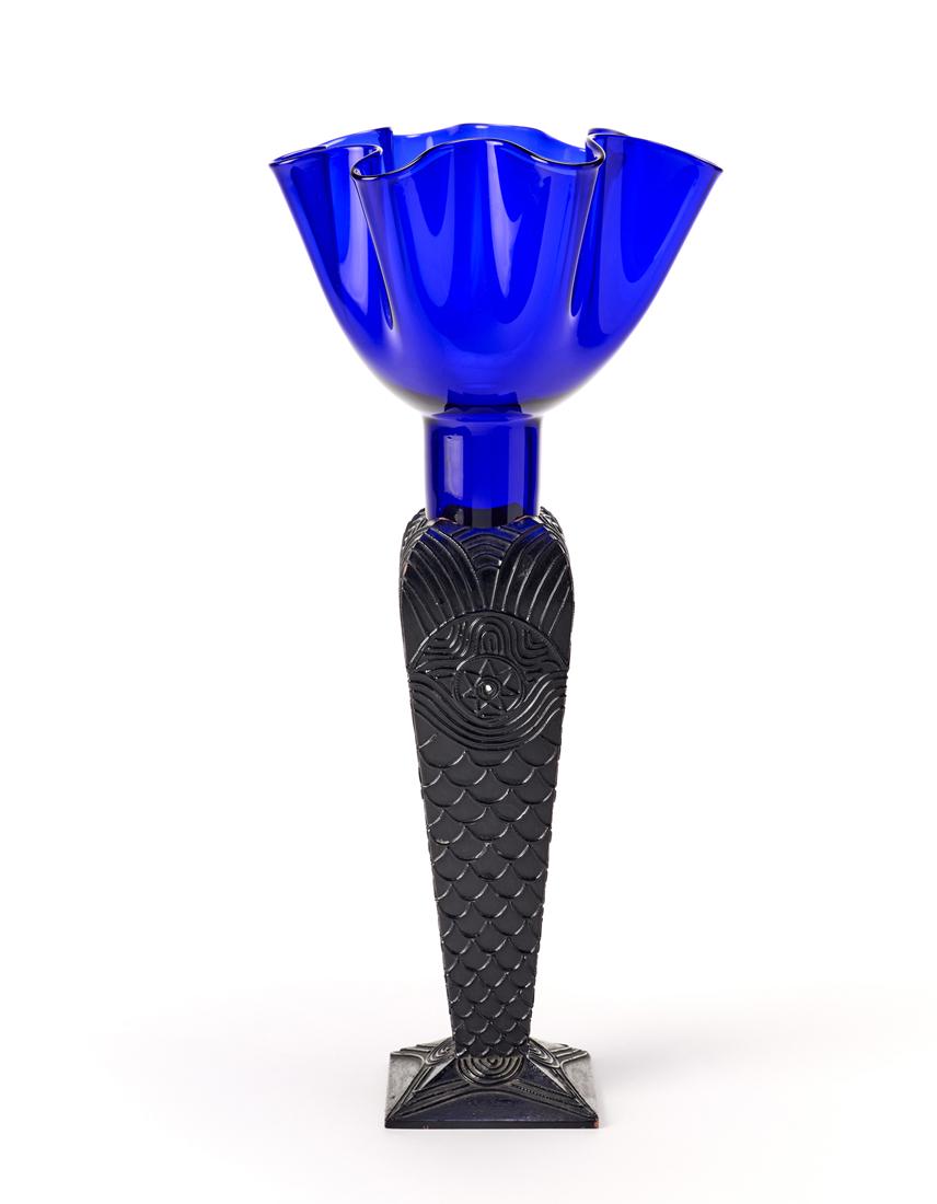 Borek Sipek (Praga 1949 - 2016) Vase in transparent blue blown glass, black painted wood. Produced (1 of 1)