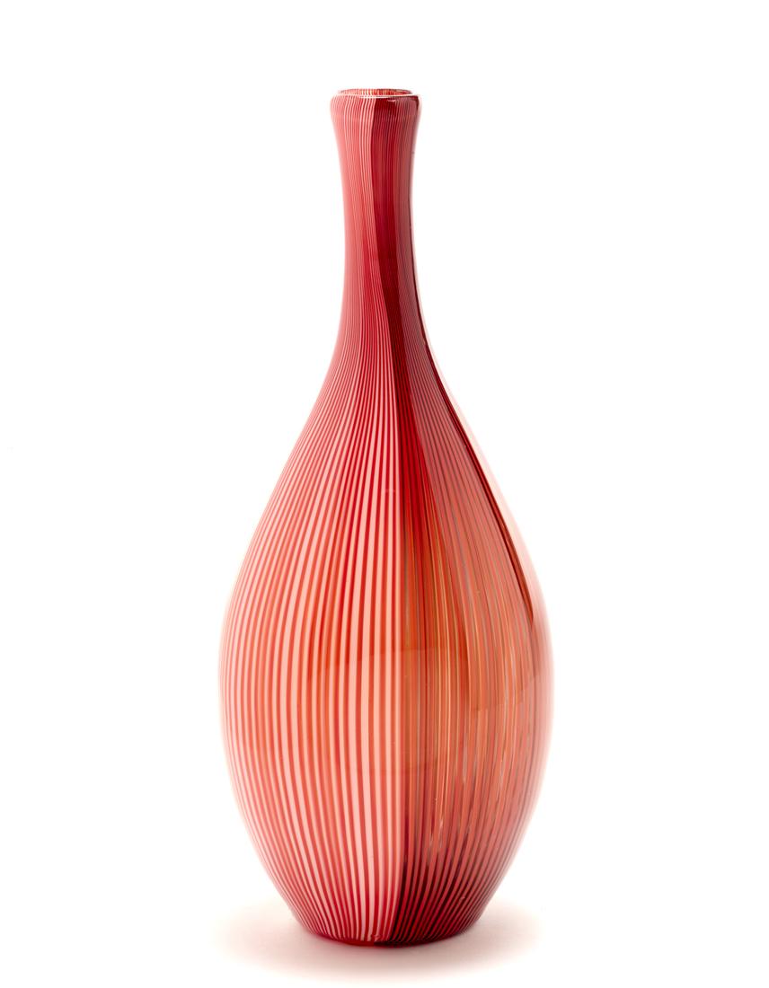Venini  Vase of the series "Tessuti". Murano, 1988. Blown glass with vertical lattimo-red antique (1 of 1)